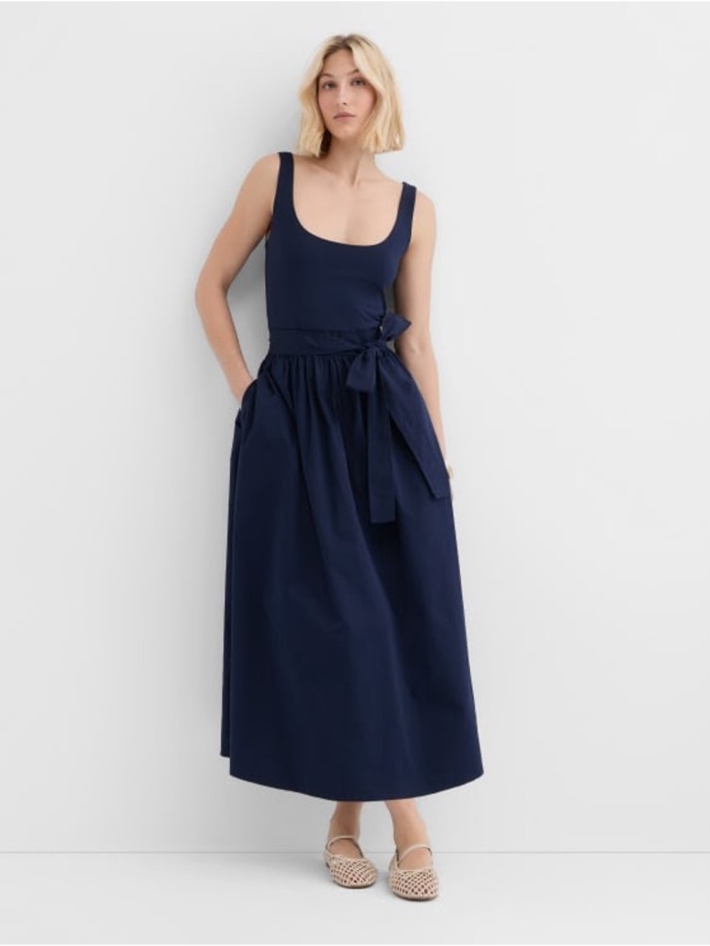 LOFT petite Sleeveless Navy Tie-Waist Maxi pocket Dress NWT